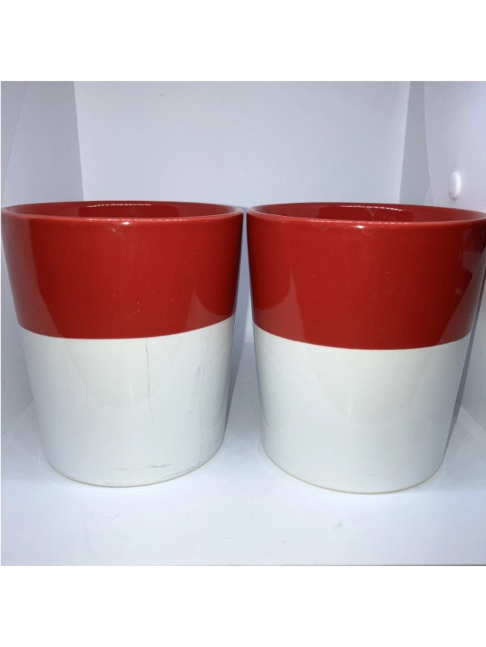 SET OF 2 Crate & Barrel Ceramic Coffee Mugs Red White Dipped Glaze 14oz Holidays - Picture 11 of 16
